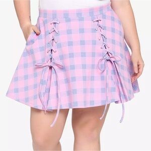 Hot Topic Pastel Pink & Blue Plaid Lace-Up Skirt Size XL